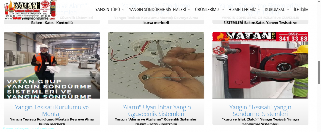 : Osmangazi bölgesinde 2015 yılından bu yana yangın tesisatı projelendirme, otomatik söndürme sistemleri ve yangın eğitimi alanlarında kesintisiz servis sağlamaktadır.ıslak ve kuru yangın mekanik tesisatı, yangın hidroforları, duman dedektörleri montajı ve ücretsiz yerinde keşif desteği sunmaktadır.